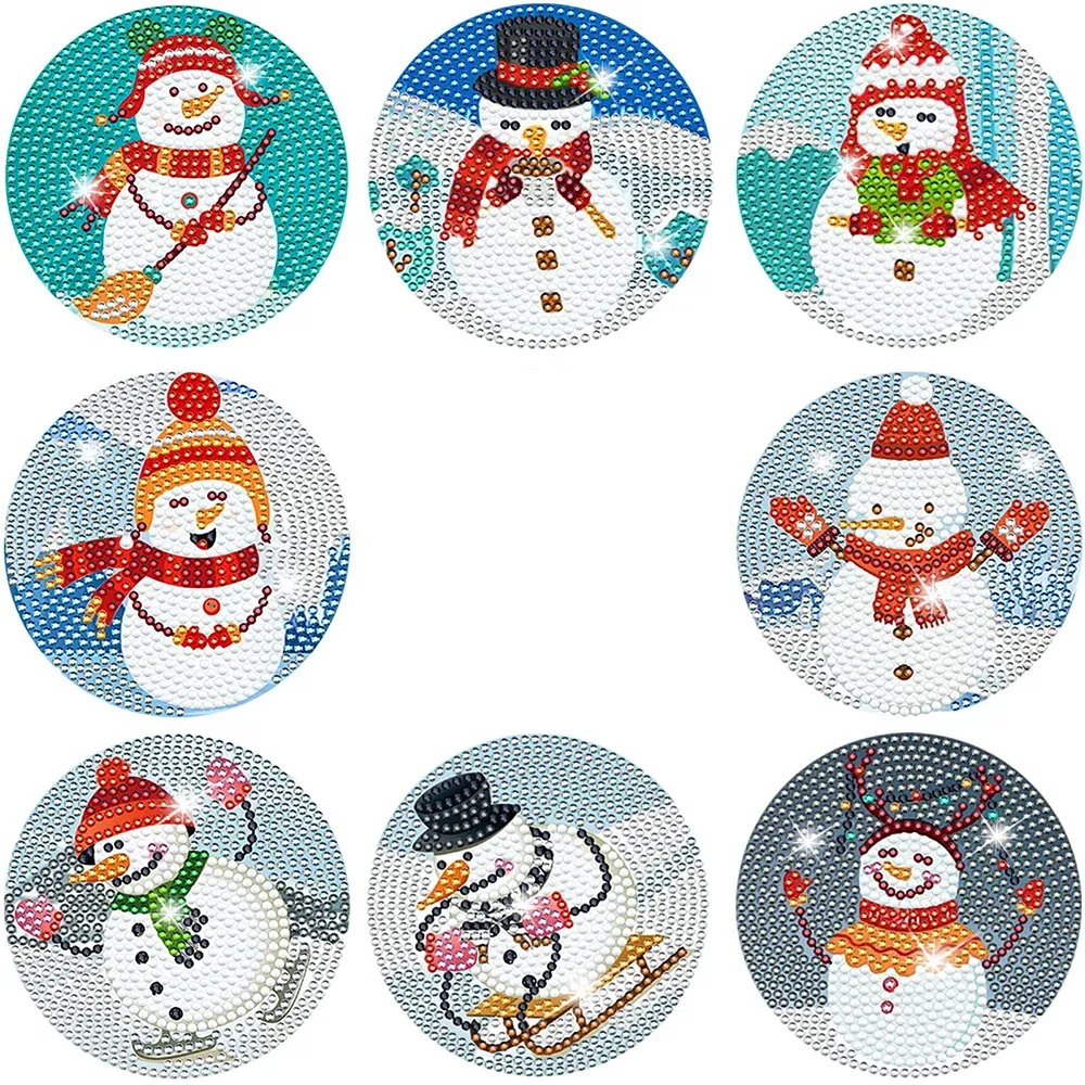 Stitch 8pcs DIY Diamond Painting Coasters Christmas Migne Snowman Diamond Art Coaster Set Gift for Adults and Childre