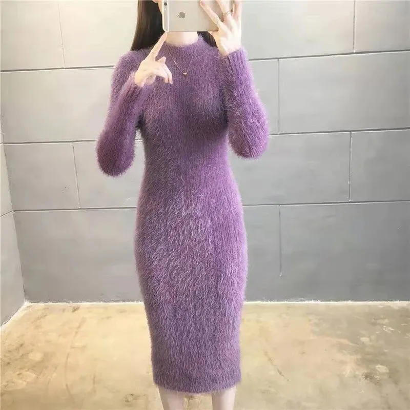 Abbigliamento invernale da donna Imitazione lana di visone Spessore caldo dolcevita Abito maglione Guaina Abiti aderenti per le donne Casual 240311