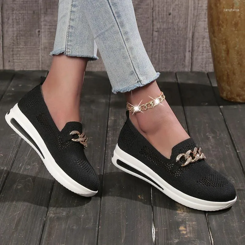 Casual Shoes Chain Ladies Vulcanized Slip On Shallow Autumn Women Elastic Band Flats Mesh Breathable Walking Female