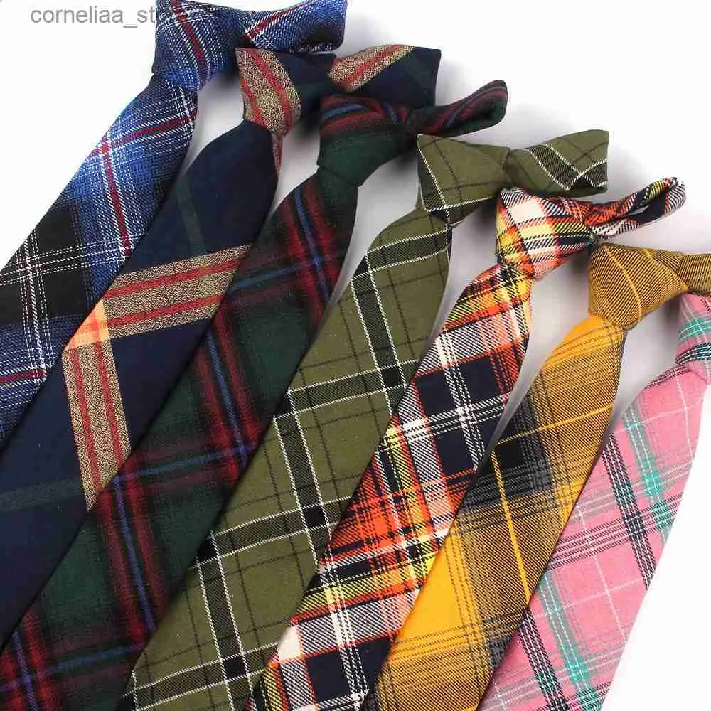 Cravatte Cravatte Nuove Cravatte in cotone scozzese Cravatta skinny causale per uomo Abiti Cravatta slim da uomo per cravatte da lavoro 7 cm Larghezza Cravatte da sposo Y240325
