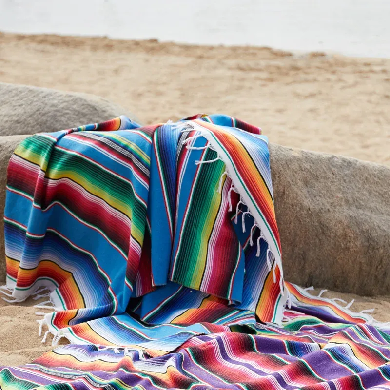 Jackets Mexican Style Rainbow Striped Blanket Pure Cotton Sofa Cobertor Hanging Tapestry for Sofa Bed Plane Travel with Tassel