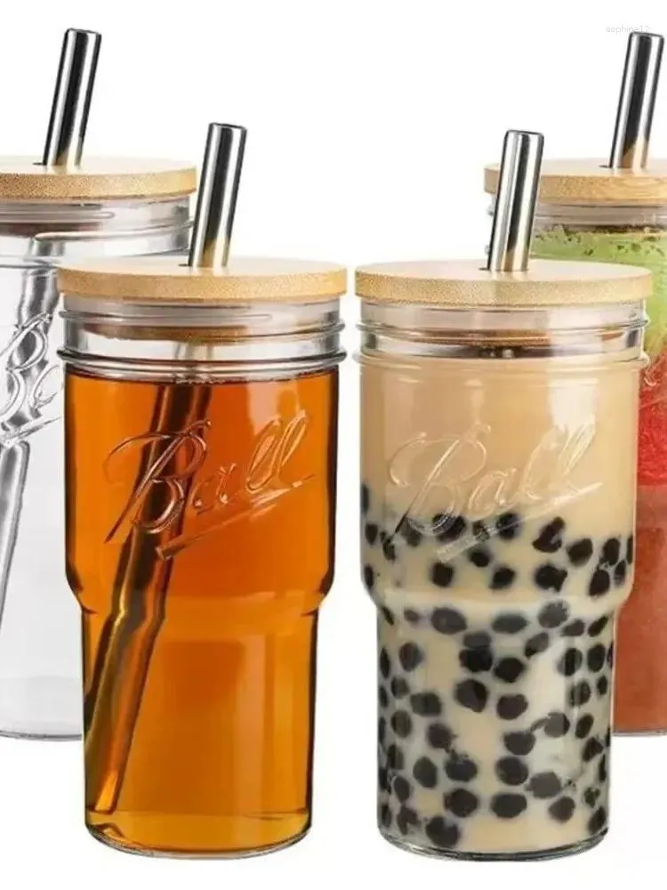 Mugs 24oz Bamboo Mason Glass Cup Straw Cap Beer Cold Drink Beverage Juice