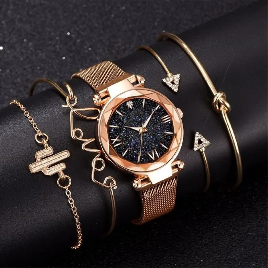 Bransoletka modowa zegarek kobietom 5 szt. Zestaw luksusowy Rose Gold Lady Watches Starry Sky Magnet Bluckle Watch dla kobiet 201204277m