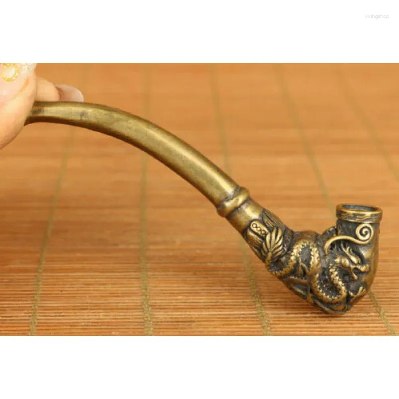 Dekorativa figurer Kinesiska mässing Hand-Carved Dragon Phoenix Staty Pipe Decoration