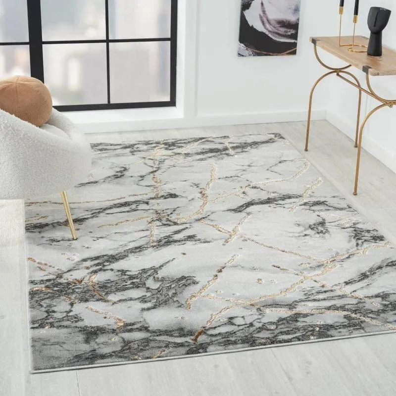 Carpets Ivory Gold 5x7 Marble Abstract Area Rug