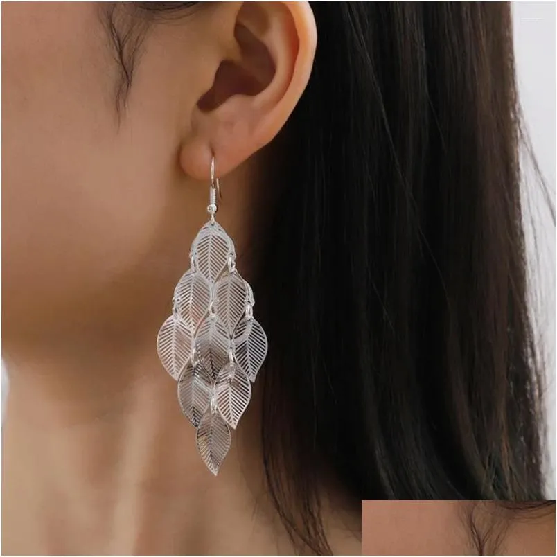 Stud Earrings Hollow Leaf Pendant Long Womens Simple Retro Alloy Drop Dangle Trendy Jewelry Delivery Otm5A