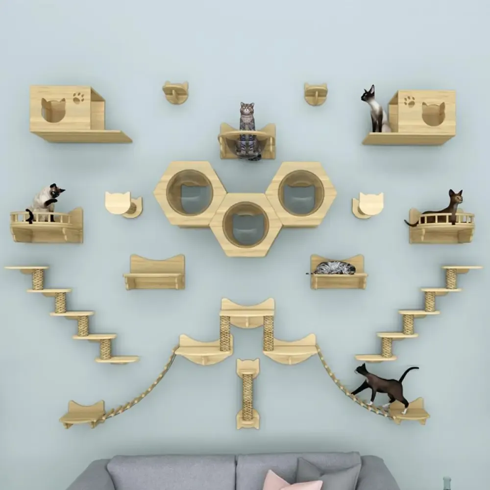 Étagères murales d'escalade pour chat, meubles en bois, plateforme de saut, échelle à corde, pour dormir et jouer