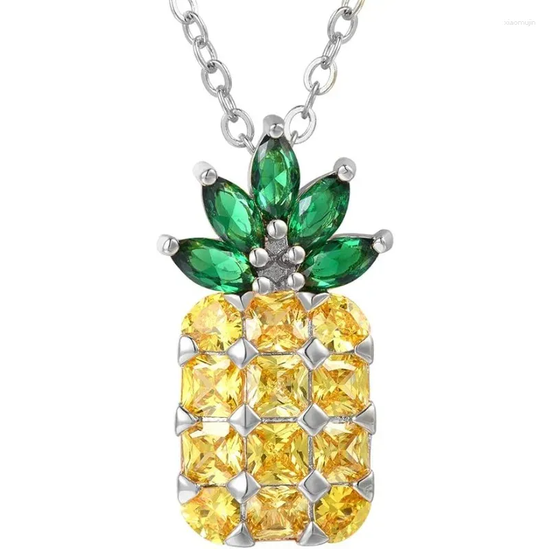 Halsketten mit Anhänger, Ananas-Halskette, gelber klarer Zirkonia, platinierte Kette, Insel-Stil, Obst-Brosche-Schmuck