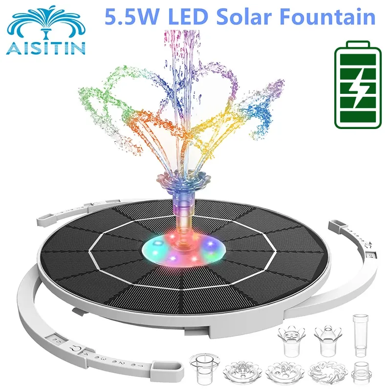 Jackets Aisitin 5,5-W-LED-Solarbrunnen, Solarwasserbrunnen mit 3000-mAh-Akku, 6 Düsen, für Vogelbad, Garten und Außenbereich usw.