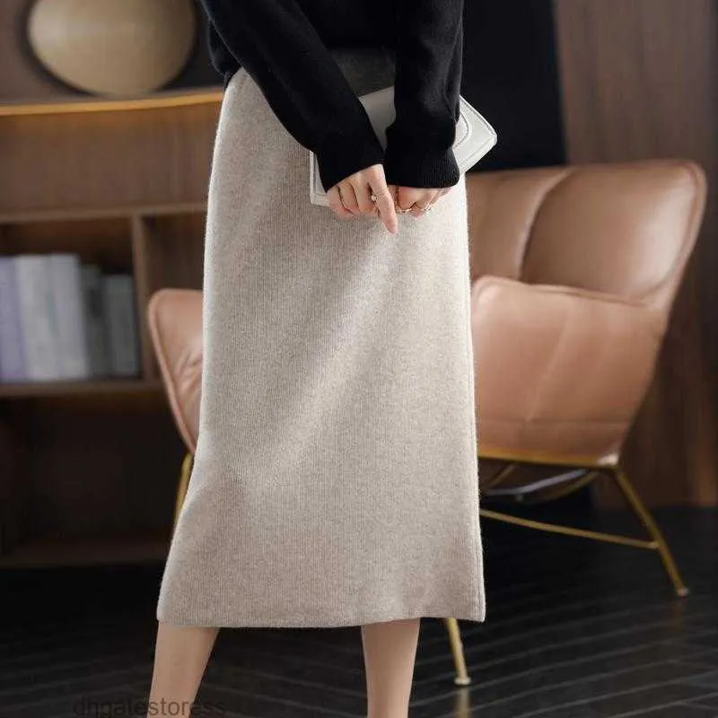 Jupes d'automne hiver en laine pure tricot long jupe femme décontractée décontractée coréen haute taille pack hanche cachemire sauvage jupettes de ligne de ligne
