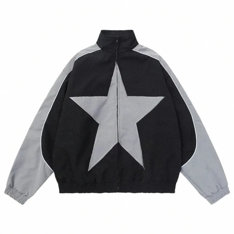 Bomber printemps veste hommes femmes vintage étoiles motif harajuku y2k windbreaker manteau streetwear zipper patchwork exterwear unisex 38g7 # #