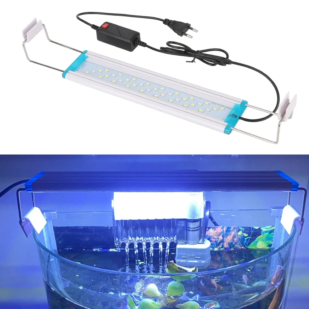 Belysningar 28/48 cm Akvarium LED Light Fish Tank Aquatic Plant Grow Lighting Super Slim EU/US Plug Clamp Lamp White Blue