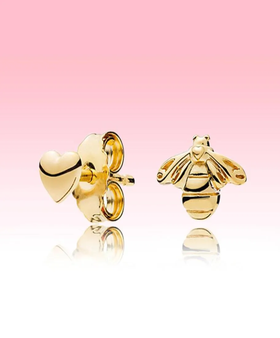 Lussuoso orecchino a bottone placcato in oro giallo 18 carati con scatola originale per set di orecchini con cuore e ape in argento 925 Love1942575