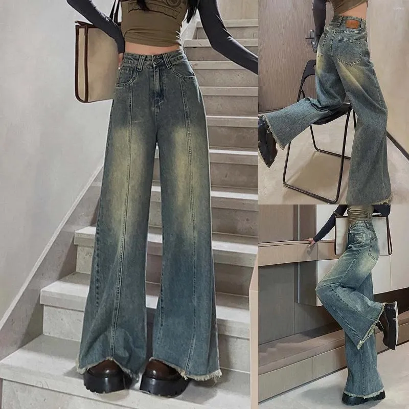 Women's Jeans Vintage Wide Leg Fashion Tassel Edge High Waist Denim Pants Women Street Mopping Long Retro Female Baggy