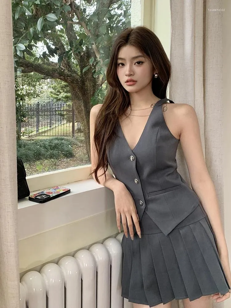 Work Dresses Sweet Girl Preppy Style Suit Women's Summer V-neck Vest High Waist Mini Pleated Skirt Two-piece Set Fashion Female Clothes