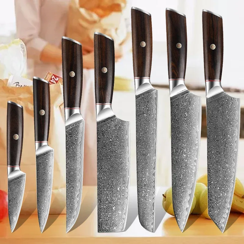 Knives Damascus Steel Chef Slicing Kitchen Knife Butcher Meat Cleaver Sharp Knives Chopping Fruit Fish Vegetable Cutting BBQ