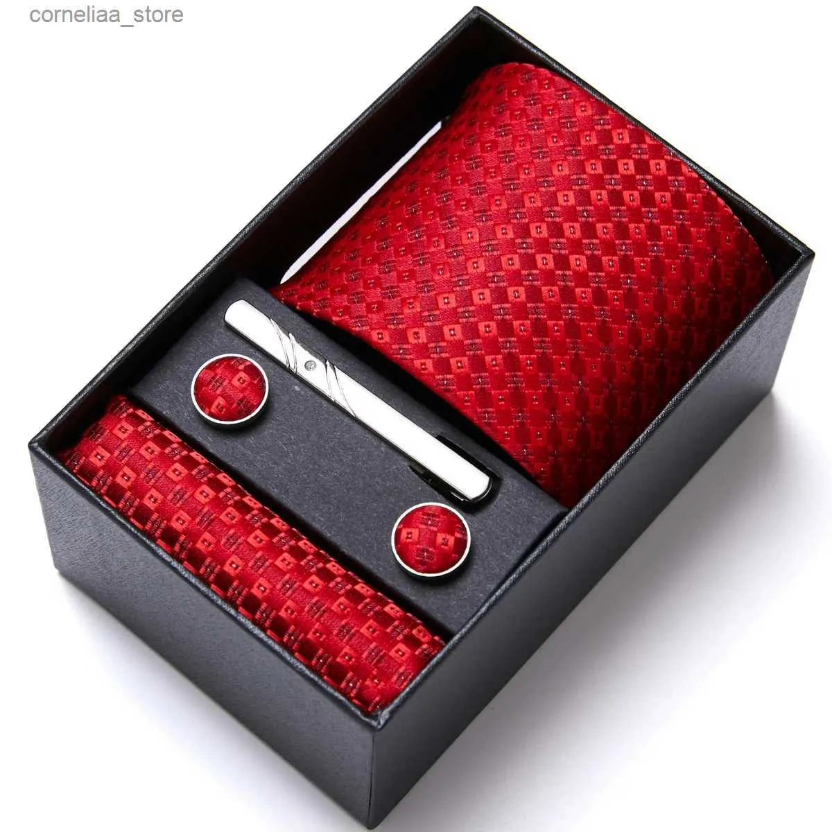 Cravates Cravates Cravates Cravate Pour Hommes En Gros Cadeau De Vacances Cravate Poche Carrés Boutons De Manchette Ensemble Cravate Boîte Homme Rouge Accessoires De Mariage Fit Groupe Y240325