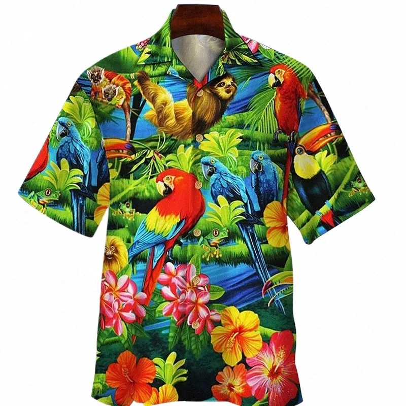 夏のフローラルオウム3Dプリントシャツ男性女性fiシャツシングルブレスト半袖ハワイアンシャツブラウスメンズ服＃＃