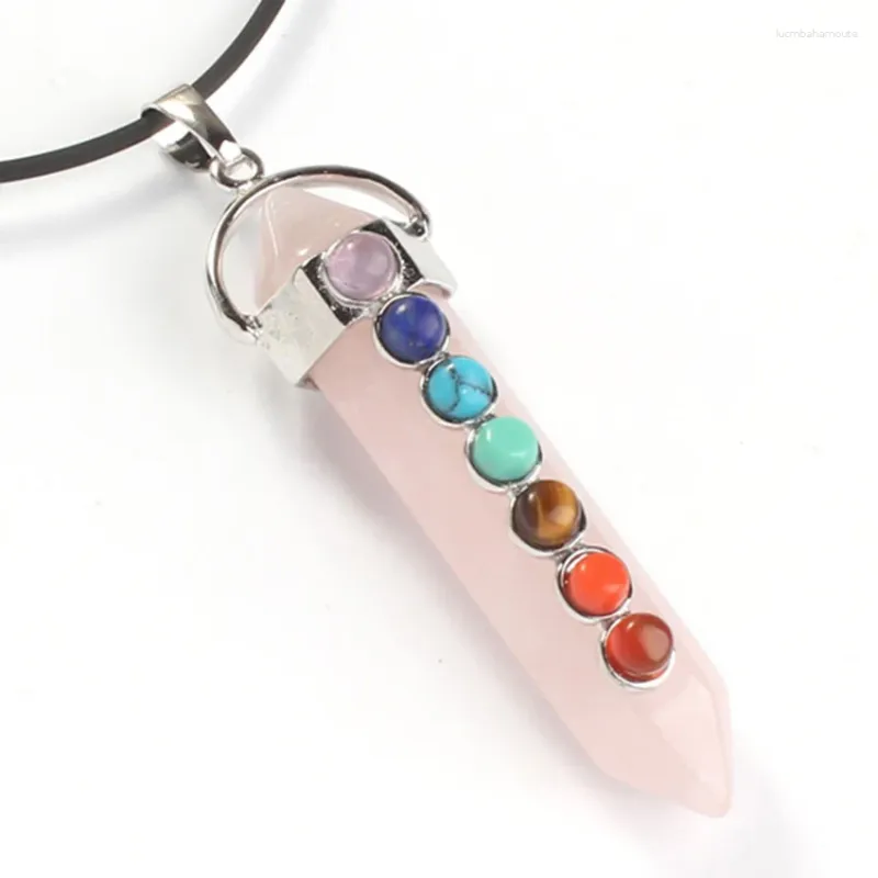 Pendant Necklaces Rose Pink Quartz Silver Plated Hexagon Prism With 7 Colors Small Beads Healing Chakra Necklace Malachite Stone Jewelry