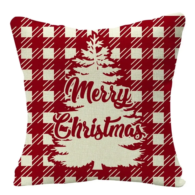 Linen Red Scottish Plaid Christmas Cushions Case Reindeer Trees Snowflakes Print Christmas Decorative Pillows for Sofa Couch Bed