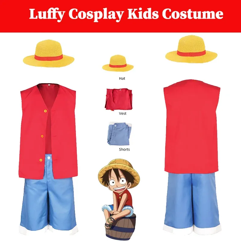 Chapeaux Enfants Luffy Cosplay Anime One Cos Piece Déguisement Costume Manteau Pantalon Chapeau Enfants Vêtements De Plage Halloween Party RolePlay Costume