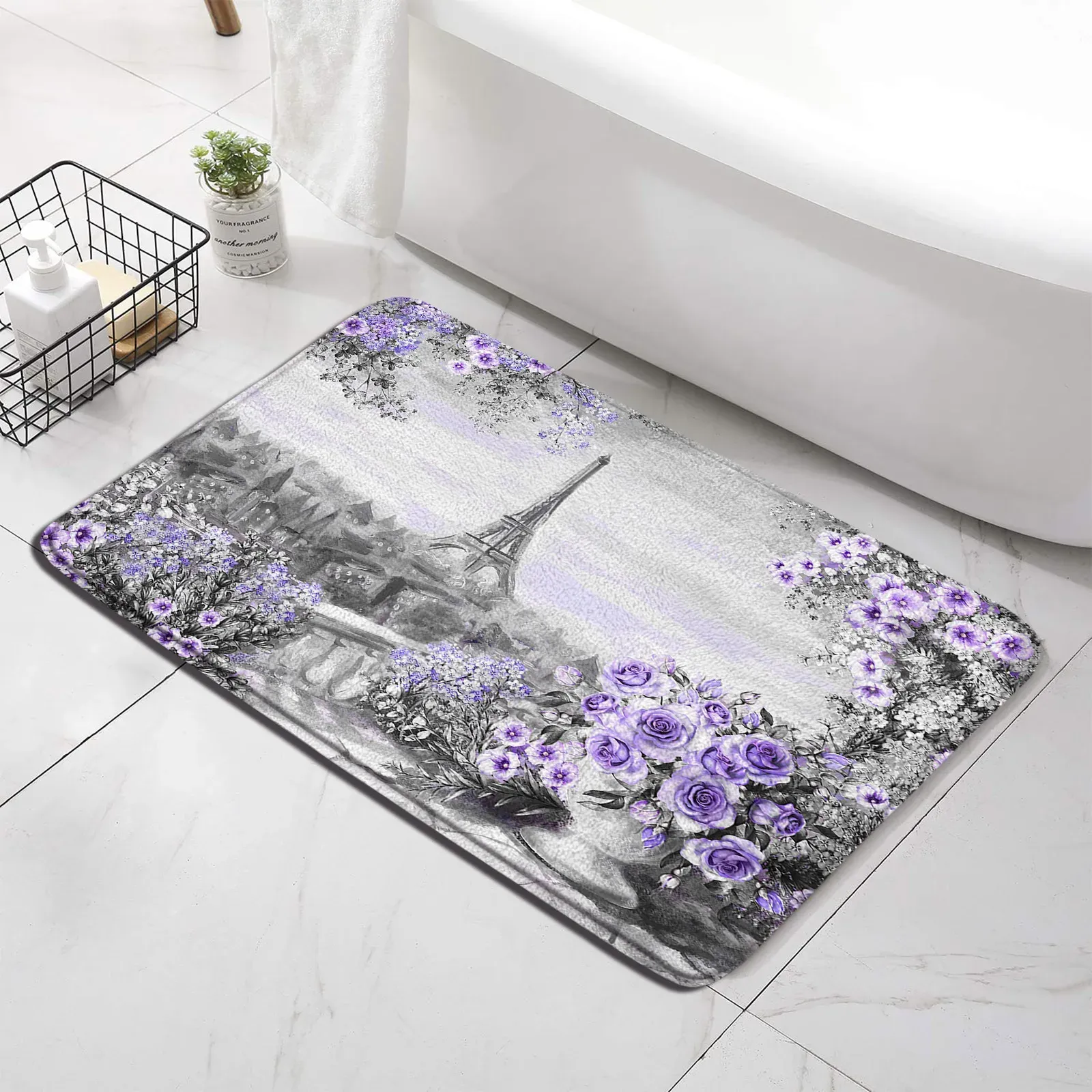 Tapis Accueil Entrée Paillasson Chambre Chevet Aquarelle Paris Tour Fleur Flore Décor Tapis de Sol Couloir Balcon Salle de Bain Tapis Antidérapant