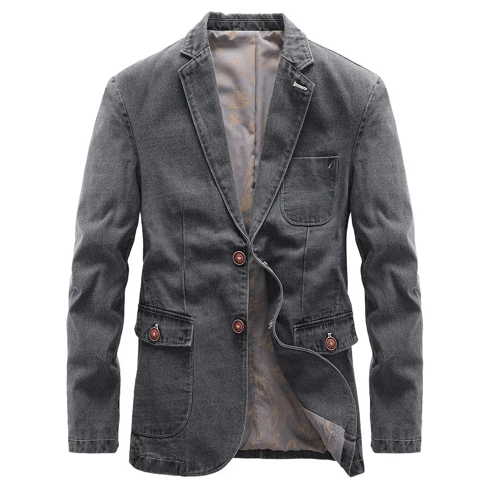 Hoo Mens Automn Fashion Denim Blazer Business Youth Youth Youth Handsome Denim Blazer 240313