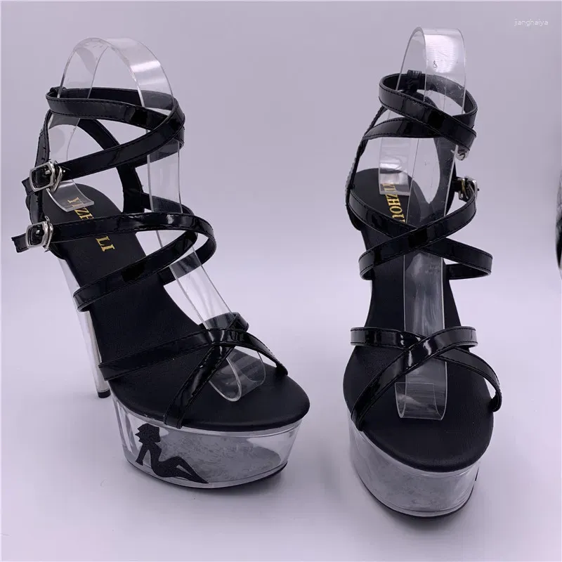Buty taneczne 15 cm Ultra wysokie obcasy seksowna platforma z przezroczystymi kryształowymi sandałami 6 -calowe czarne przedstawienie kobiet