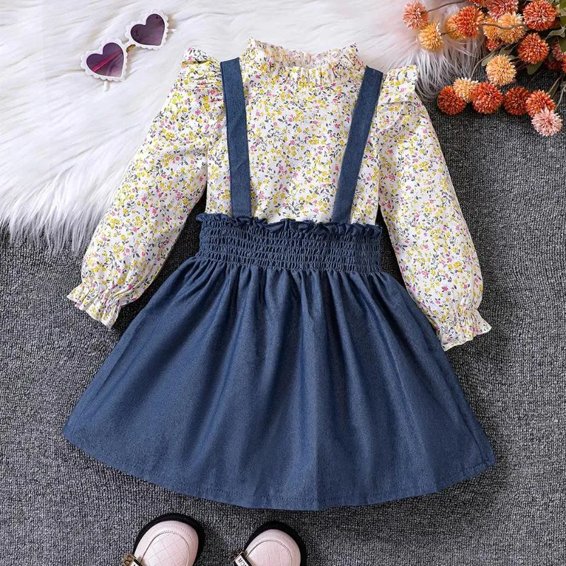 Mädchen Kleider 2024 Mädchen Kleid Langarm O Hals Rüschen Blumen T-shirt Blau Strampler Nette Designer Prinzessin Vestido 18M-7T