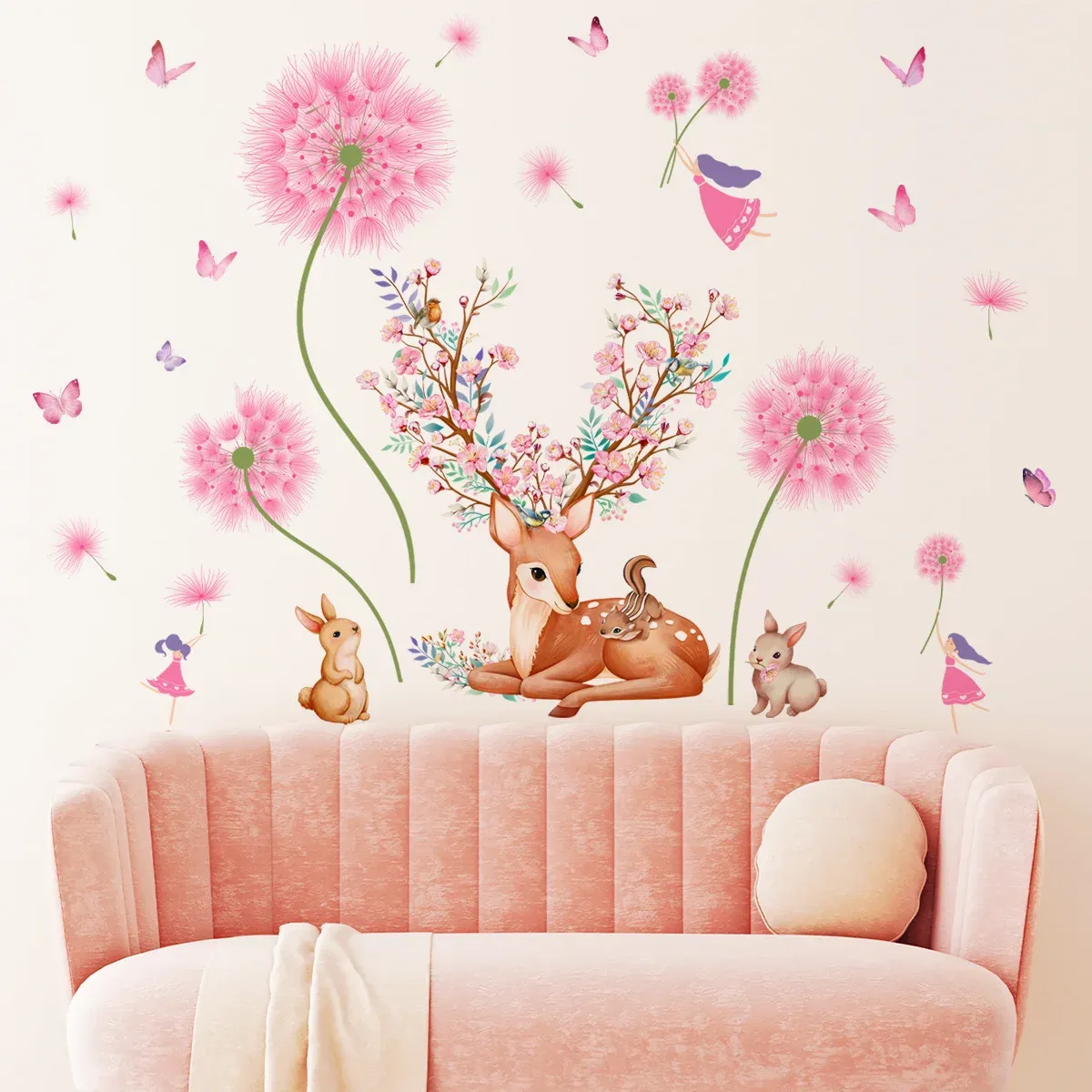 Autocollants muraux pissenlit rose, dessin animé cerf lapin, vinyle amovible en PVC, décoration de maison, salon chambre à coucher