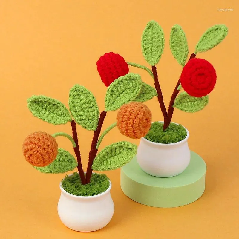 Fleurs décoratives au crochet, arbre fruitier en pot, petits Pots tricotés à la main, plantes à feuilles artificielles tissées, ornements de bureau, décoration de chambre à coucher