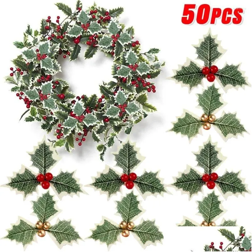 Flores decorativas grinaldas 50/5pcs folhas artificiais de azevinho flores vermelhas flores para diy guirlanda de natal ornamento presentes casa ano decoração otgub