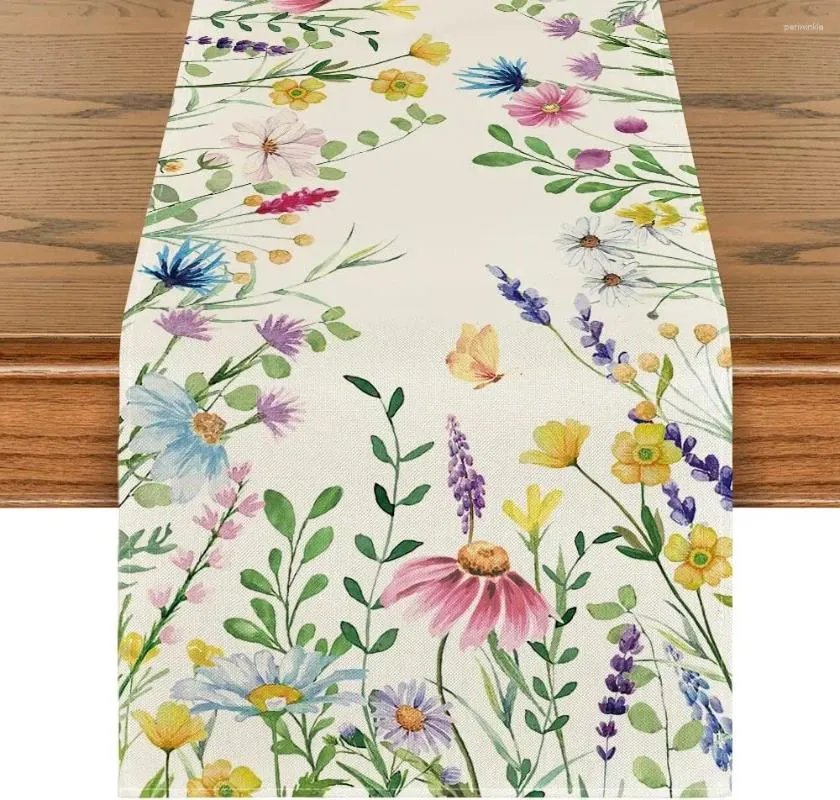 Table Cloth Daisy Eucalyptus Lavender Floral Leaves Summer Linen Runner Spring Kitchen Dining Decor Holiday Wedding Party