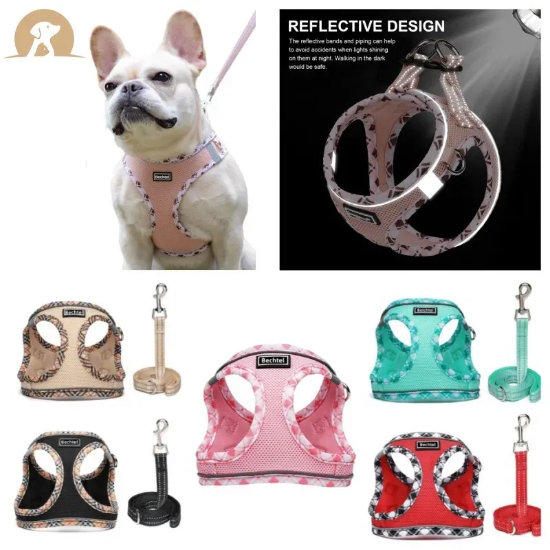 Conjunto de arnês e trela para cães de malha macia, NoChock Stepin reflexivo respirável leve e fácil caminhada colete à prova de fuga arneses wi