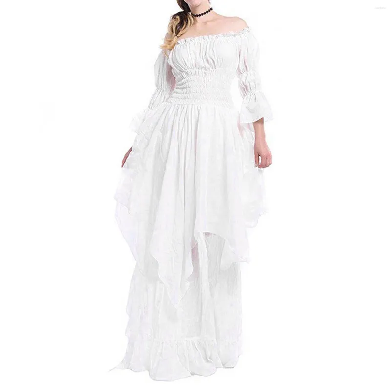 Vestidos casuais feminino babados manga longa puff fora do ombro traje medieval uma linha plissado vestidos de verão; vestido de princesa arge 5xl