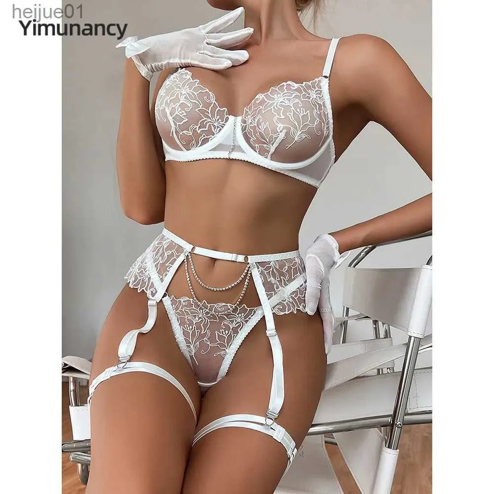 Set sexy Yimunancy Set intimo ricamato in 3 pezzi per donna Set trasparente con catena di diamanti con acqua Set briefing con giarrettiera bianca C24325