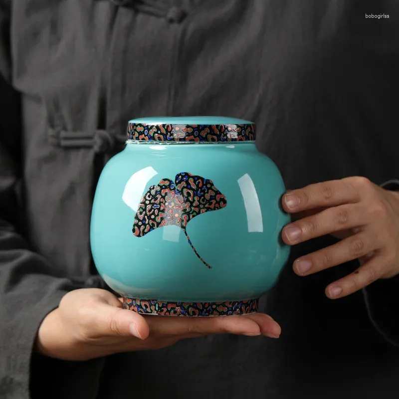 Butelki do przechowywania nowoczesne nieregularne malowane ginkgo liść porcelanowy słoik ceramiczny pieczęć herbatę kawa cukierka