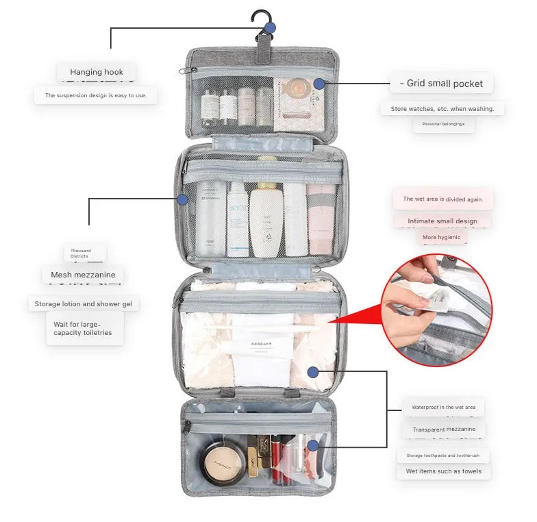 Hangtas voor reistoiletartikelen Waterdichte tassen, make-uptasorganizer, reisbenodigdheden 3 in 1 verpakking, cosmetische reiscontainer, grote capaciteit