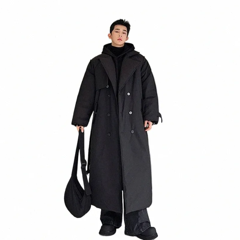 noymei Oversize Silhouette addensato doppia fila Subblack Lg Cott Cappotto cintura nera coreano Trendy Trench Uomo Inverno 2024 WA3310 87kG #