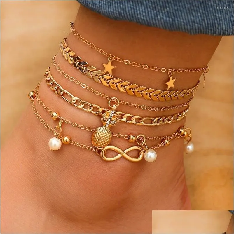 Anklets 6Pcs Fashion Metal Mtilayer Chain Ankle Anklet For Women Trendy Geometric Pineapple Stars Pendant Bohemia Foot Jewelry Drop De Otxzi