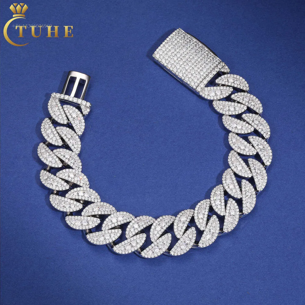 TUHE Produttore di gioielli Bracciale Hip Hop da uomo in argento sterling 18 mm con 3 file VVS Moissanite con diamanti ghiacciati Bracciale a catena a maglie cubane