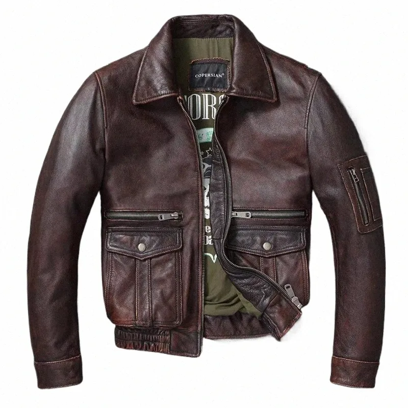 Nouvelle veste en cuir authentique pour hommes vintage ste moulued top couche veste bombardier A2 Brown Men's Calfskin Motorcycle Veste P9LJ #