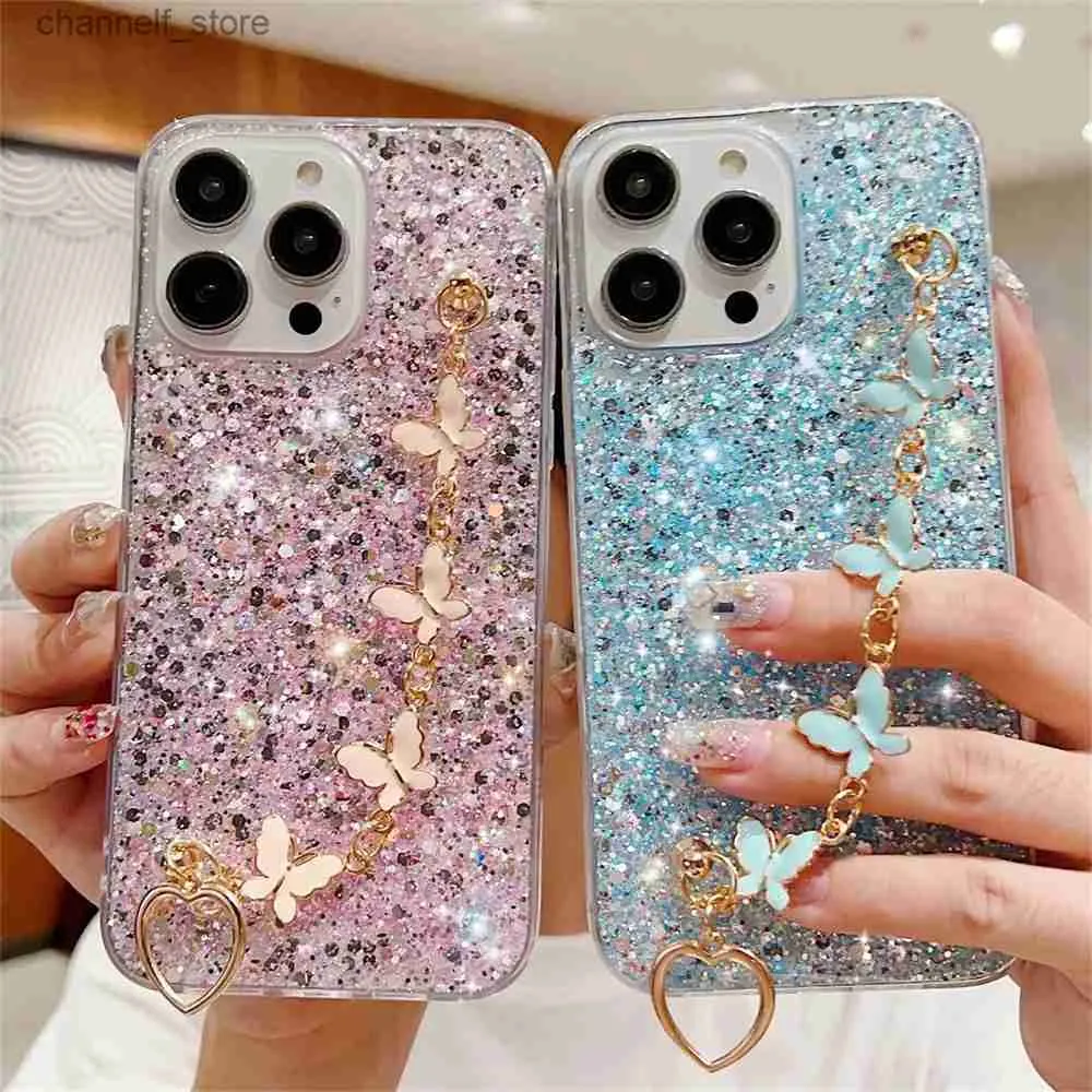 Custodie per cellulari Custodia glitter di lusso con farfalla per iPhone 15 Pro Custodia iPhone 11 12 13 14 Pro Max X XS XR 7 8 15 Plus SE Cover con cordino a catena Y240325