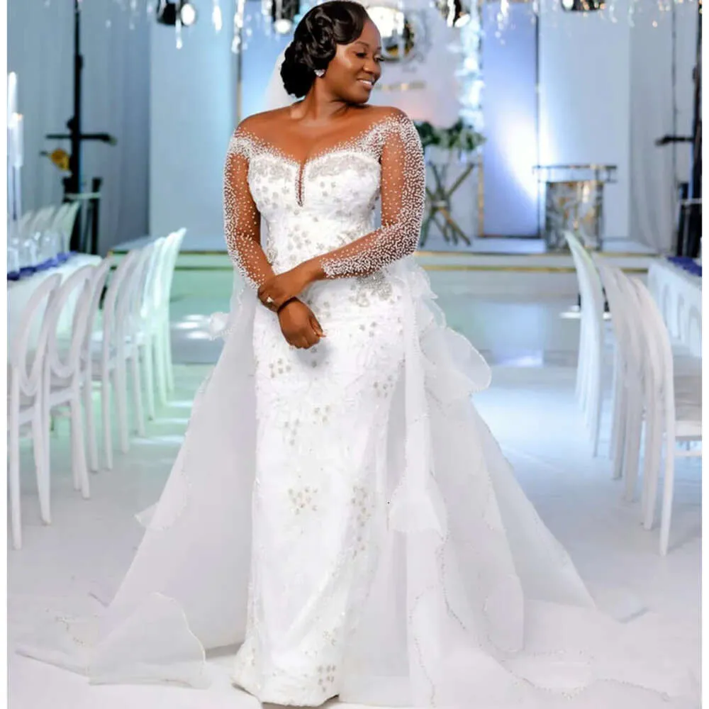 Plus Aso Ebi Arabic Size Mermaid White Wedding Dress Beaded Crystals Sheer Neck Detachable Train Bridal Gowns Dresses ZJ Es Es