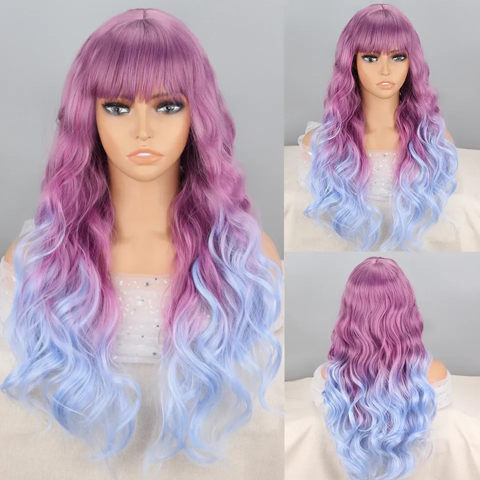 Wigs Purple Blue Wig with Bangs Long Wavy Cosplay Lolita Women Wigs Halloween Party High Temperature Hair