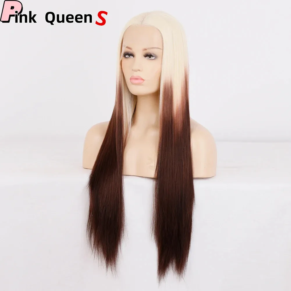 The latest fashion 13X4 lace front wig matching long straight hair high temperature synthetic lace wig hand kn otted periwig womens Brazilian hair Ombre wig
