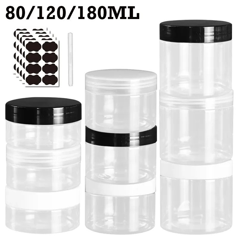 Potten 36 stuks 80/120/180 ml doorzichtige plastic pot met deksel lege cosmetische container voor vloeibare crème monster reisfles keukenopslagpot