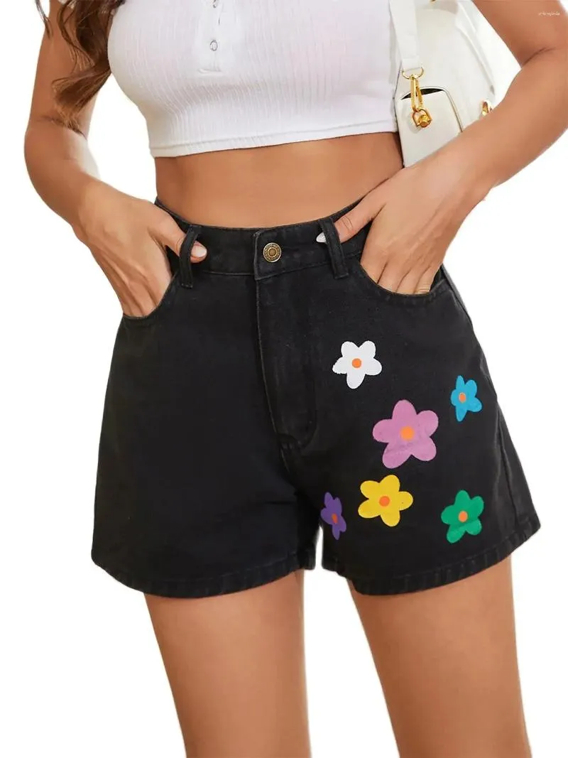 Shorts pour femmes 2024 Mode d'été Noir Motif de fleurs Denim Taille haute Sexy Jeans XS-L