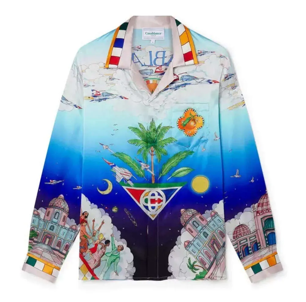 24ss Casablanca New Designer Silk Casual Shirt Print Hawaii Beach Loose Men and Women Couple Versatile Twill Silk Long Sleeve Shirt Tops Casablanc