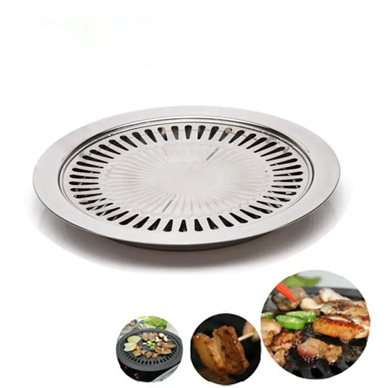 Grills Stainless Steel Barbecue Round Plate Korean BBQ Grill Iron Plate No Burnt Fat Household Outdoor Picnic Smokeless Barbecue Tools